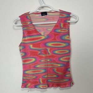 Y2K Pink Rainbow Ribbed V-Neck Tank